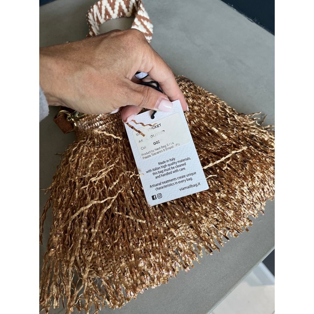 ViaMailBag Italy Rose Gold Glitter Fringe Straw Bucket Bag Boho Summer Festival - Picture 6 of 16